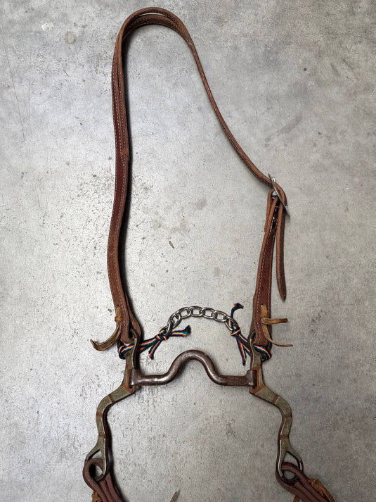 Used Slit Ear Headstall, W.J. Swerczek Bit, Cowperson Tack Weighted End Split Reins