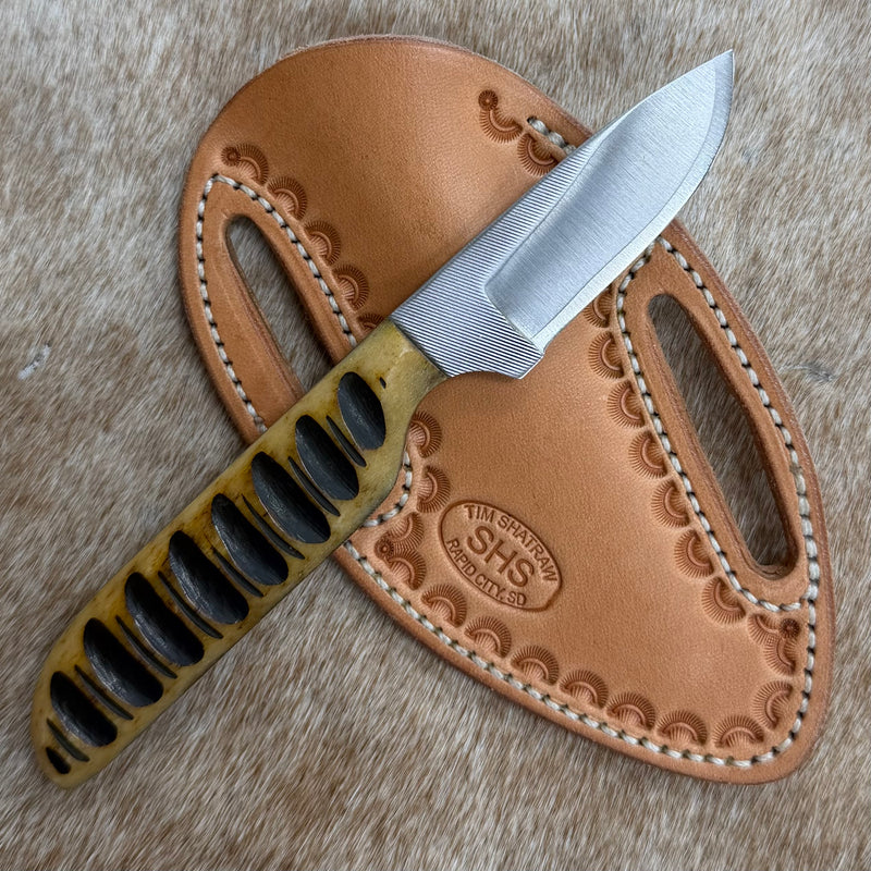 Load image into Gallery viewer, Sacred Heart Bone Handle Knife &amp; Border Sheath - Left Draw
