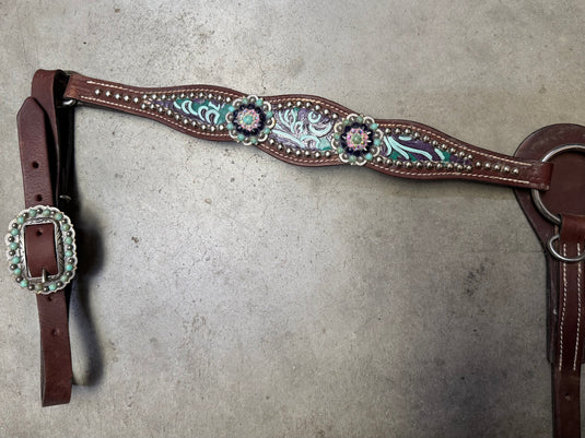 Used Painted Embossed w/ Dots & Conchos Breast Collar - 1" - Purple/Turquoise