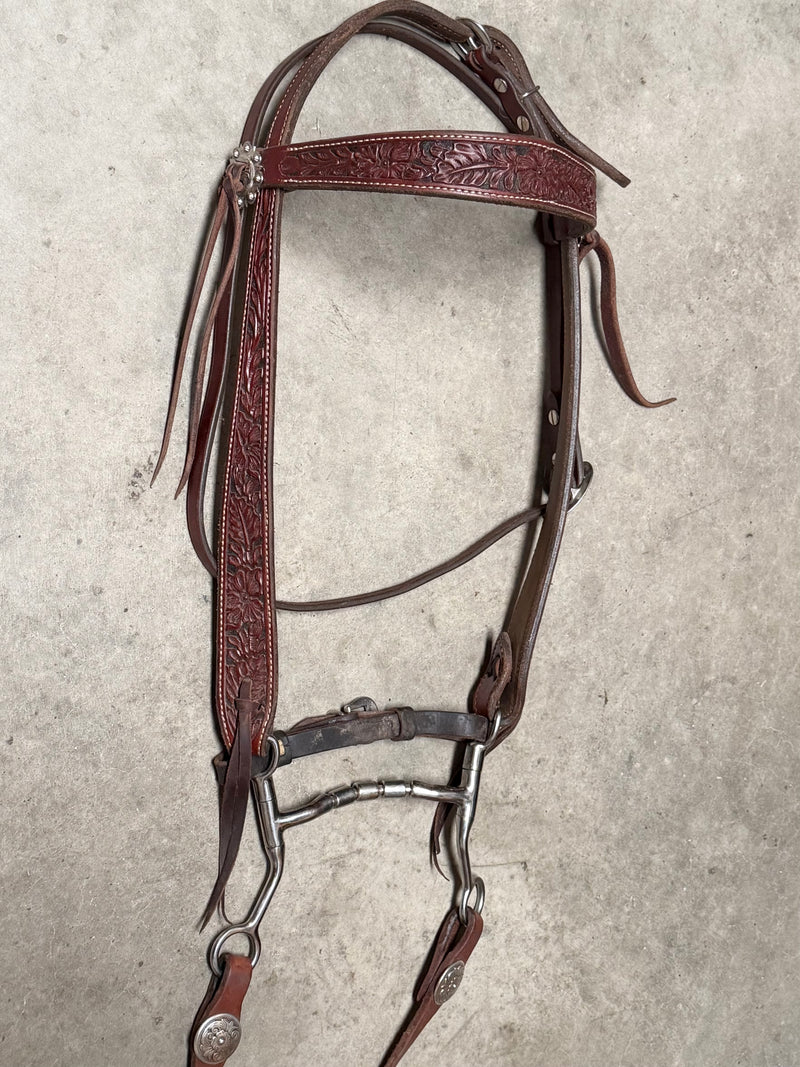 Load image into Gallery viewer, Used Bridle Set - Platte Valley Saddlery Floral Tooled Browband, TOKLAT Mylers Mullen Triple Barrel Bit, Buckaroo Reins
