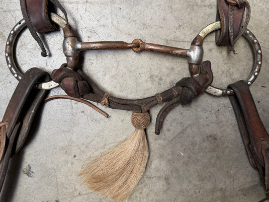 Used Bridle Set - Herschberger Futurity Browband, Silver Overlay & Dots Eggbutt Smooth Snaffle Bit, Split Reins