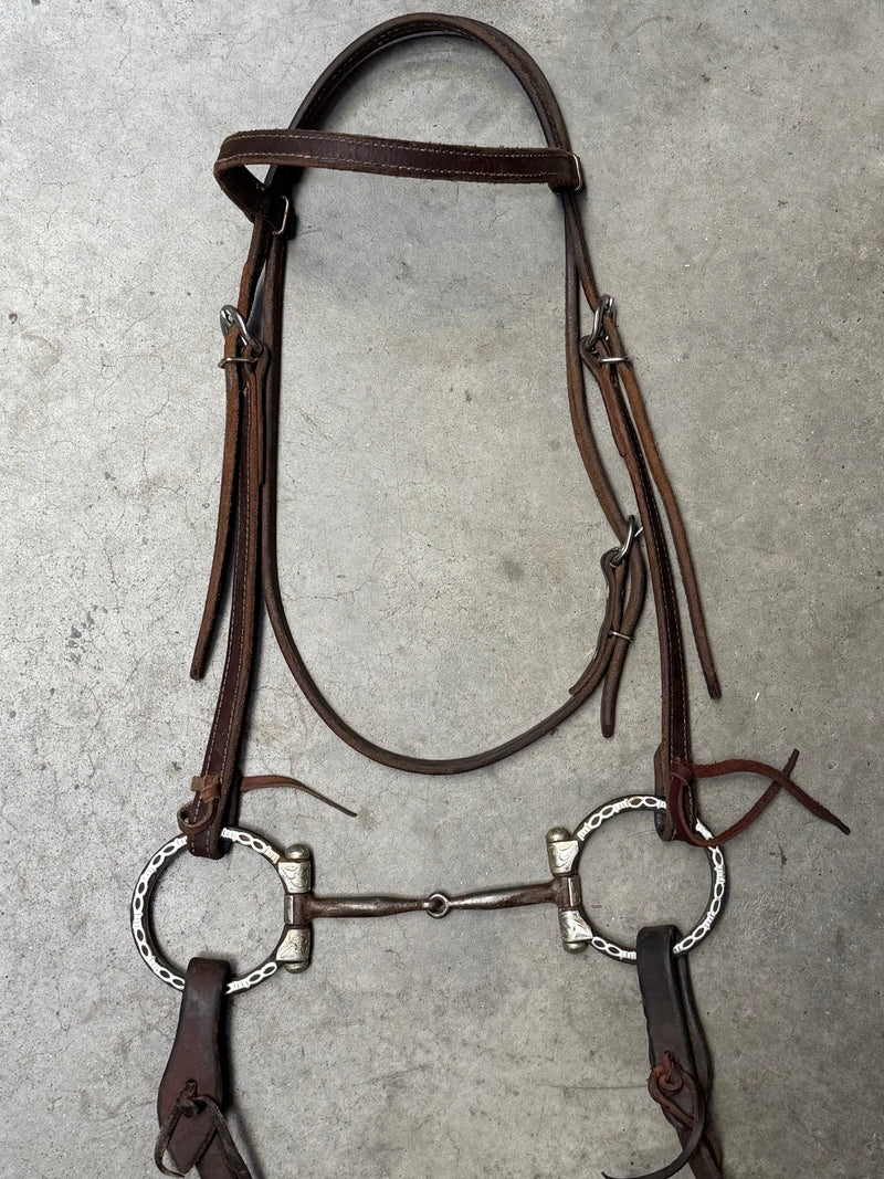 Load image into Gallery viewer, Used Bridle Set - Clinton Anderson Browband, Silver Overlay Dee Ring Smooth Snaffle Bit, Split Reins
