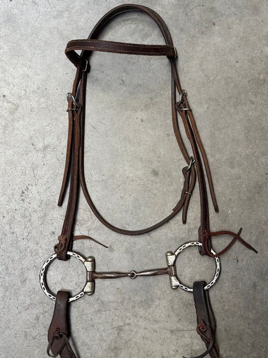 Used Bridle Set - Clinton Anderson Browband, Silver Overlay Dee Ring Smooth Snaffle Bit, Split Reins