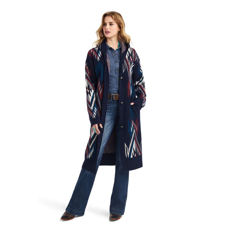 Load image into Gallery viewer, Ariat Womens Coatigan Chimayo Sweater - Navy Jacarad
