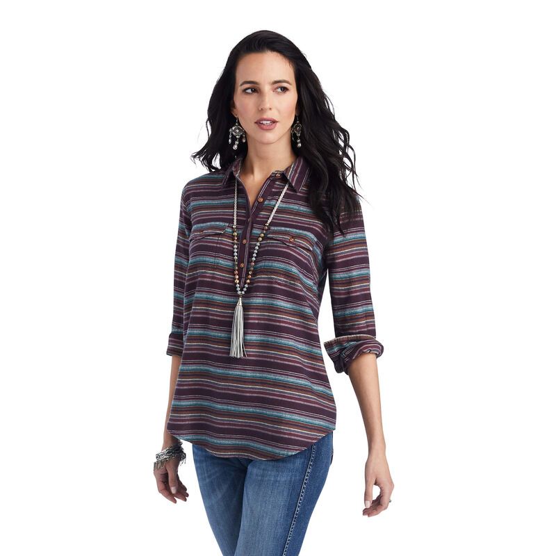 Load image into Gallery viewer, Ariat Womens Real Billie Jean Popover Long Sleeve Stripe Shirt -  Roadside
