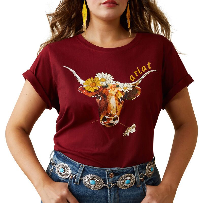 Load image into Gallery viewer, Ariat Womens Daisy Steer Short Sleeve Tee Shirt - Pomegranate
