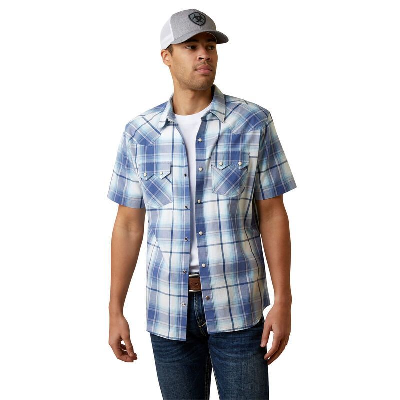 Load image into Gallery viewer, Ariat Mens Hadder Retro Fit Short Sleeve Snap Shirt - Wast Blue
