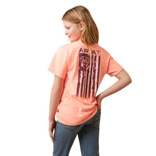 Ariat Girls Gila River Short Sleeve Tee Shirt - Neon Peach Heather