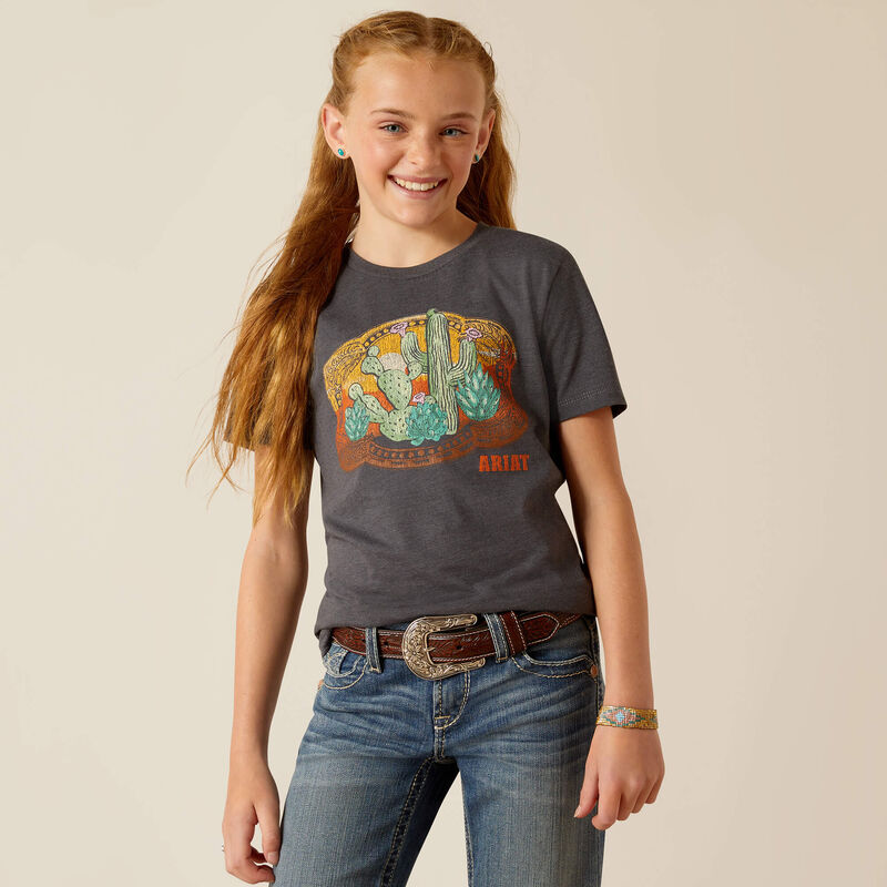 Load image into Gallery viewer, Ariat Girls Buckle Up Short Sleeve Tee Shirt - Smoke Heather
