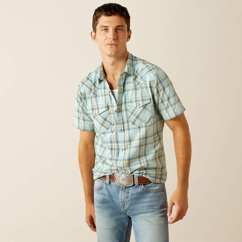 Load image into Gallery viewer, Ariat Mens Hinkle Retro Fit Short Sleeve Snap Shirt - Aqua
