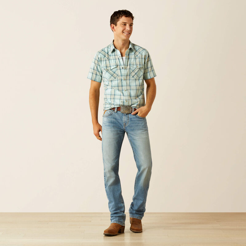 Load image into Gallery viewer, Ariat Mens Hinkle Retro Fit Short Sleeve Snap Shirt - Aqua
