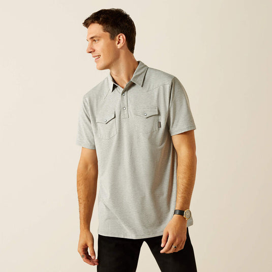 Ariat Mens Retro Western Snap Short Sleeve Polo Shirt - Light Gray Heather