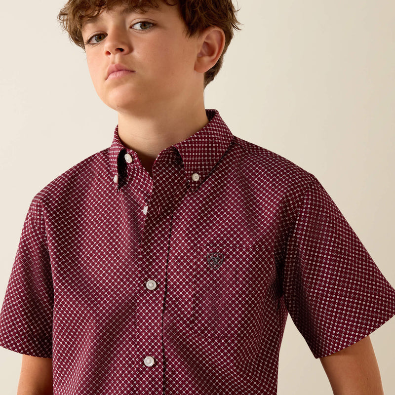 Load image into Gallery viewer, Ariat Boys Pippin Classic Fit Long Sleeve Shirt - Maroon Banner Geo Print
