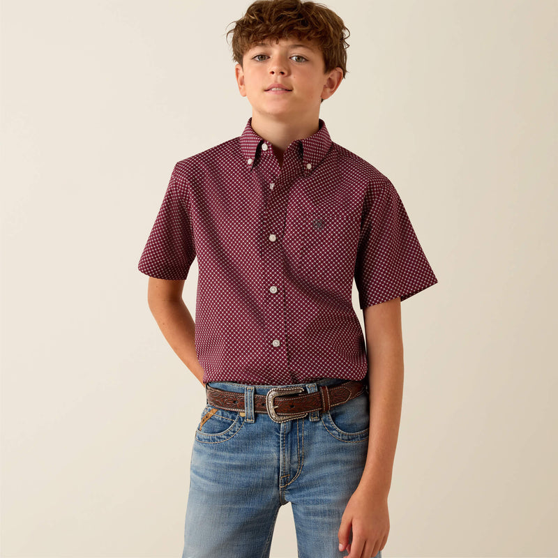 Load image into Gallery viewer, Ariat Boys Pippin Classic Fit Long Sleeve Shirt - Maroon Banner Geo Print
