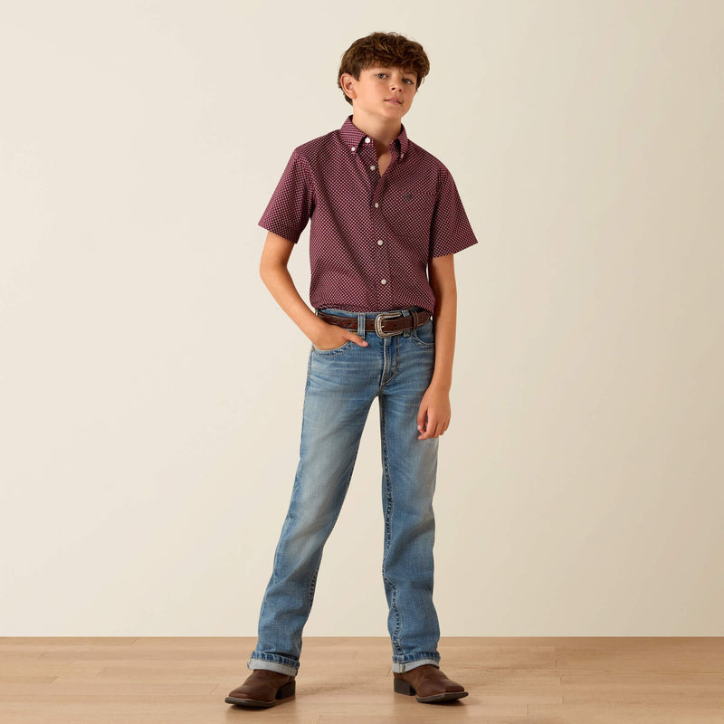 Load image into Gallery viewer, Ariat Boys Pippin Classic Fit Long Sleeve Shirt - Maroon Banner Geo Print
