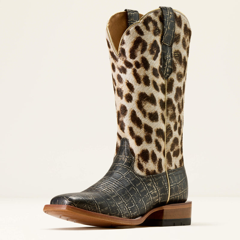 Load image into Gallery viewer, Ariat 12" Frontier Farrah Wide Square Toe Boot - Midnight Croc Print|Gilded Leopard Hair-On
