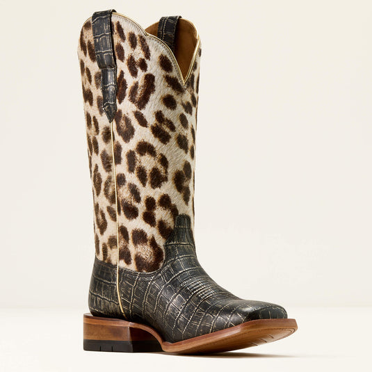 Ariat 12" Frontier Farrah Wide Square Toe Boot - Midnight Croc Print|Gilded Leopard Hair-On