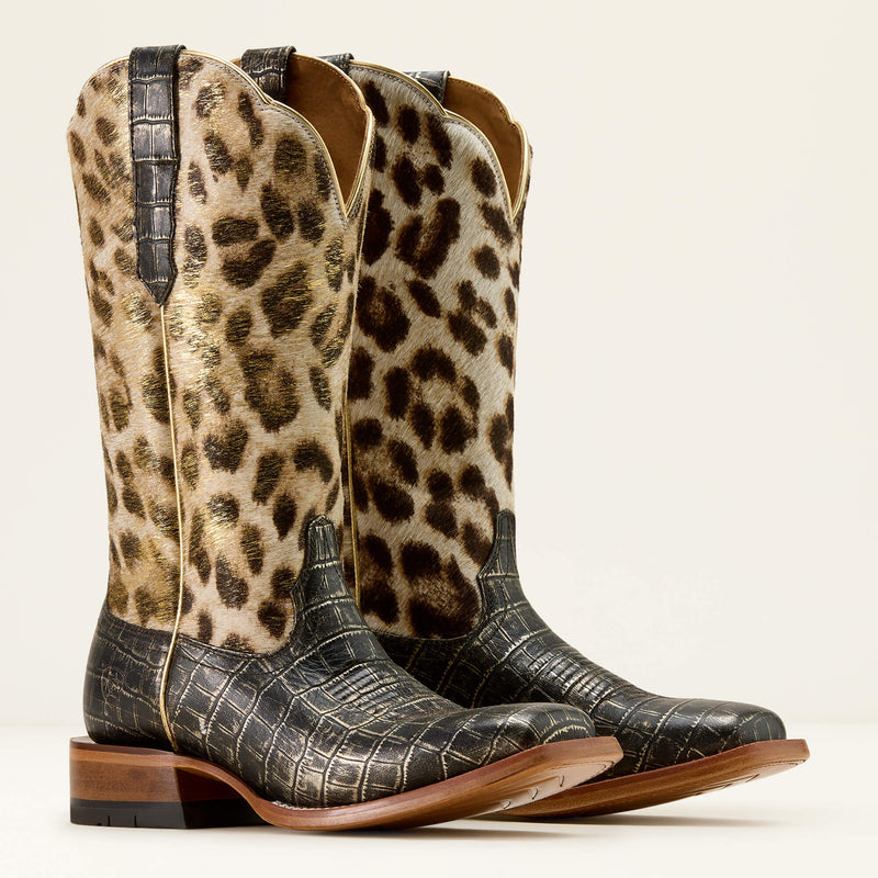 Load image into Gallery viewer, Ariat 12" Frontier Farrah Wide Square Toe Boot - Midnight Croc Print|Gilded Leopard Hair-On
