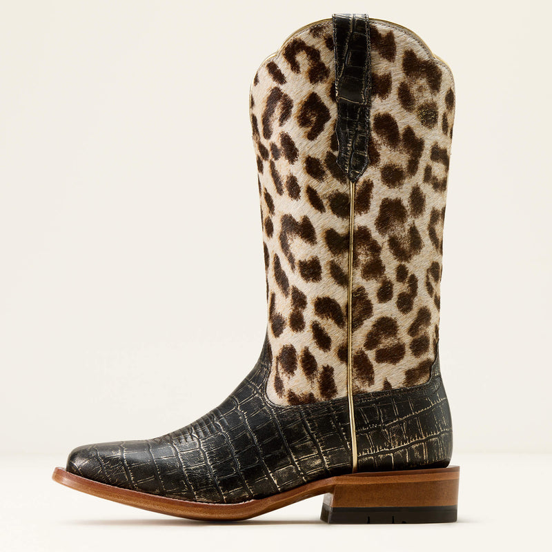 Load image into Gallery viewer, Ariat 12" Frontier Farrah Wide Square Toe Boot - Midnight Croc Print|Gilded Leopard Hair-On
