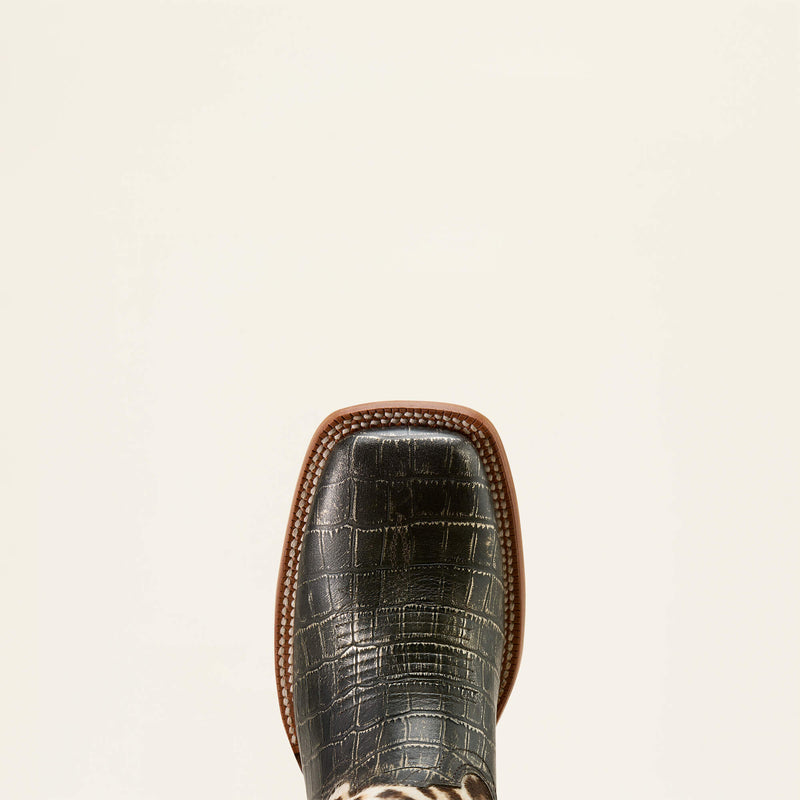 Load image into Gallery viewer, Ariat 12" Frontier Farrah Wide Square Toe Boot - Midnight Croc Print|Gilded Leopard Hair-On
