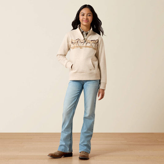 Ariat Girls Running Wild 1/4 Zip Sweatshirt - Oatmeal Heather