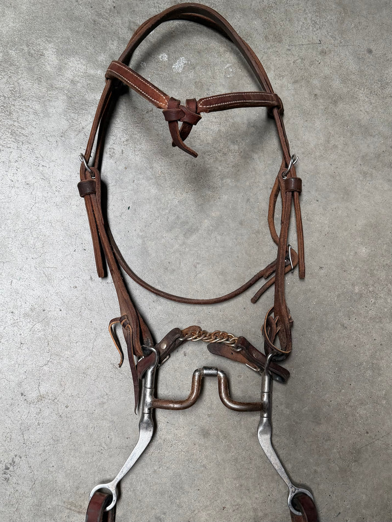 Load image into Gallery viewer, Used Bridle Set - Futurity Browband, USA Mylers Medium Wide Ported Barrel Bit, Split Reins
