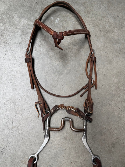 Used Bridle Set - Futurity Browband, USA Mylers Medium Wide Ported Barrel Bit, Split Reins