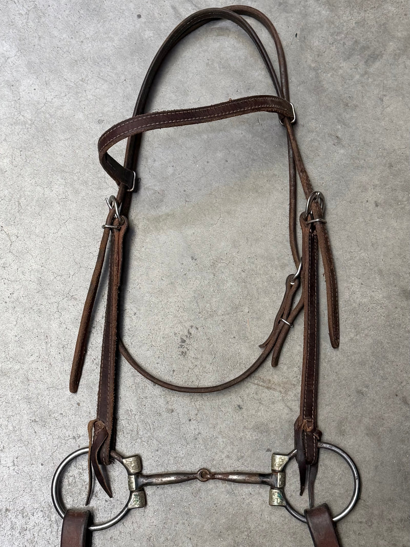 Load image into Gallery viewer, Used Bridle Set - Clinton Anderson Browband, Silver Overlay Dee Ring Smooth Snaffle Bit, Split Reins with Rein Stops
