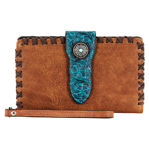 Load image into Gallery viewer, Catchfly Tan w/ Turquoise Floral Emboss Concho Slim Wallet
