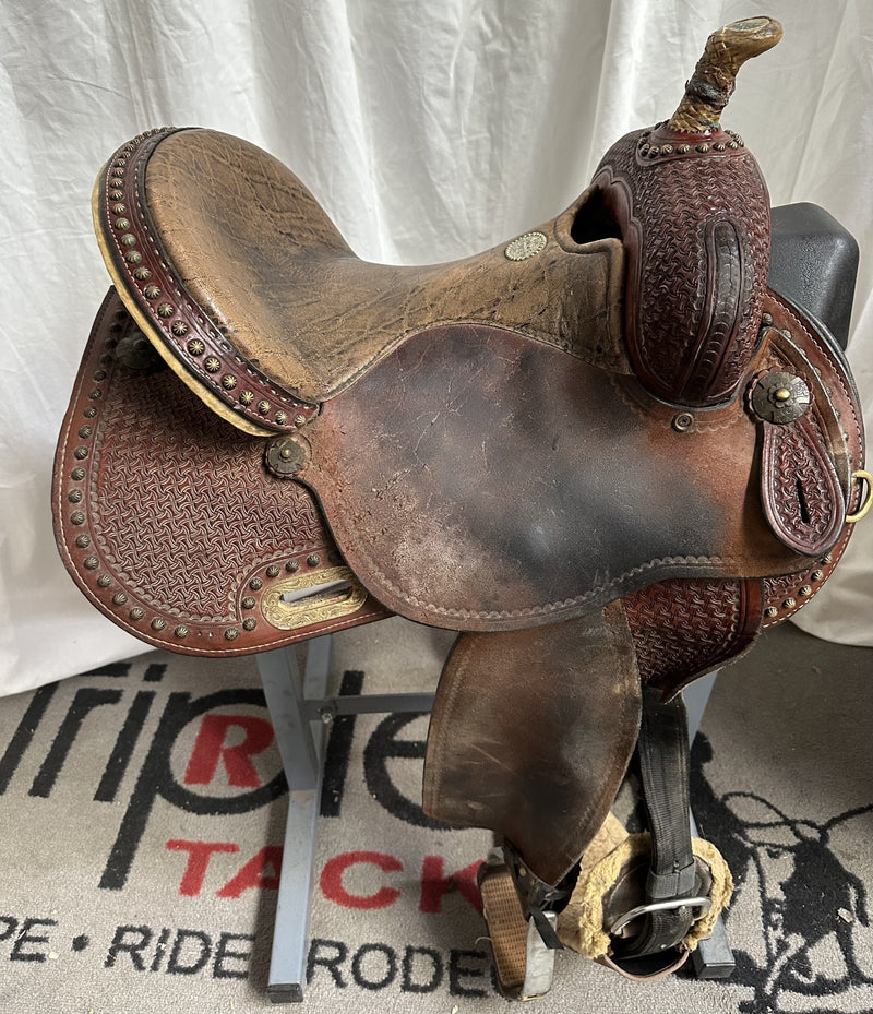 Load image into Gallery viewer, Used Circle Y Lisa Lockhart Flex2 Contender Barrel Saddle 14"
