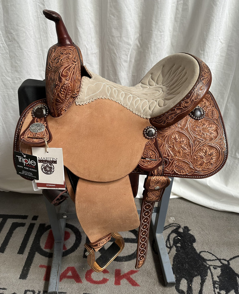 Load image into Gallery viewer, Martin Saddlery Stingray Natural Floral Barrel Saddle 13.5"
