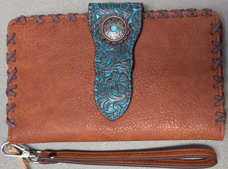 Load image into Gallery viewer, Catchfly Tan w/ Turquoise Floral Emboss Concho Slim Wallet
