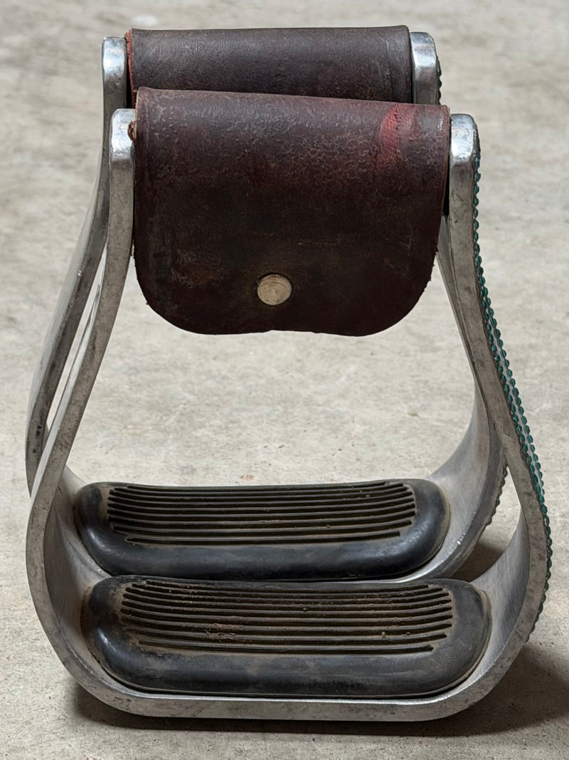Load image into Gallery viewer, Used Turquoise Designed Aluminum Barrel Stirrups with Rubber Tread
