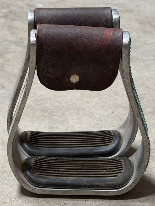 Used Turquoise Designed Aluminum Barrel Stirrups with Rubber Tread