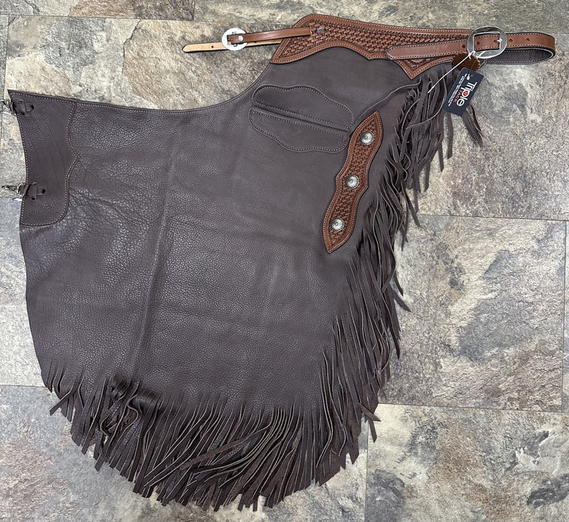 Load image into Gallery viewer, Oil Tan Chinks - Basketweave/Conchos
