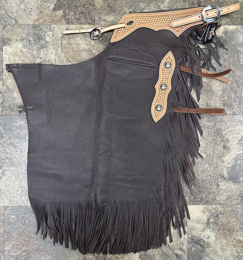 Load image into Gallery viewer, Oil Tan Chinks - Basketweave/Conchos
