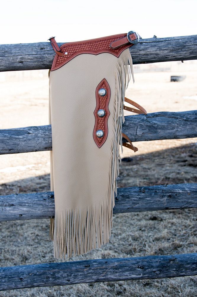 Load image into Gallery viewer, Oil Tan Chinks - Basketweave/Conchos
