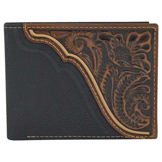 Tony Lama Pebbled Leather Tooled Bi-Fold Wallet Black/Brown