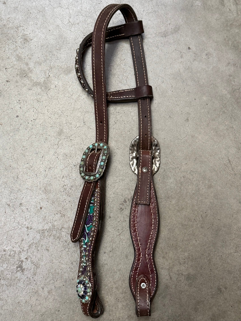 Load image into Gallery viewer, Used Painted Embossed w/ Dots &amp; Conchos One Ear Headstall
