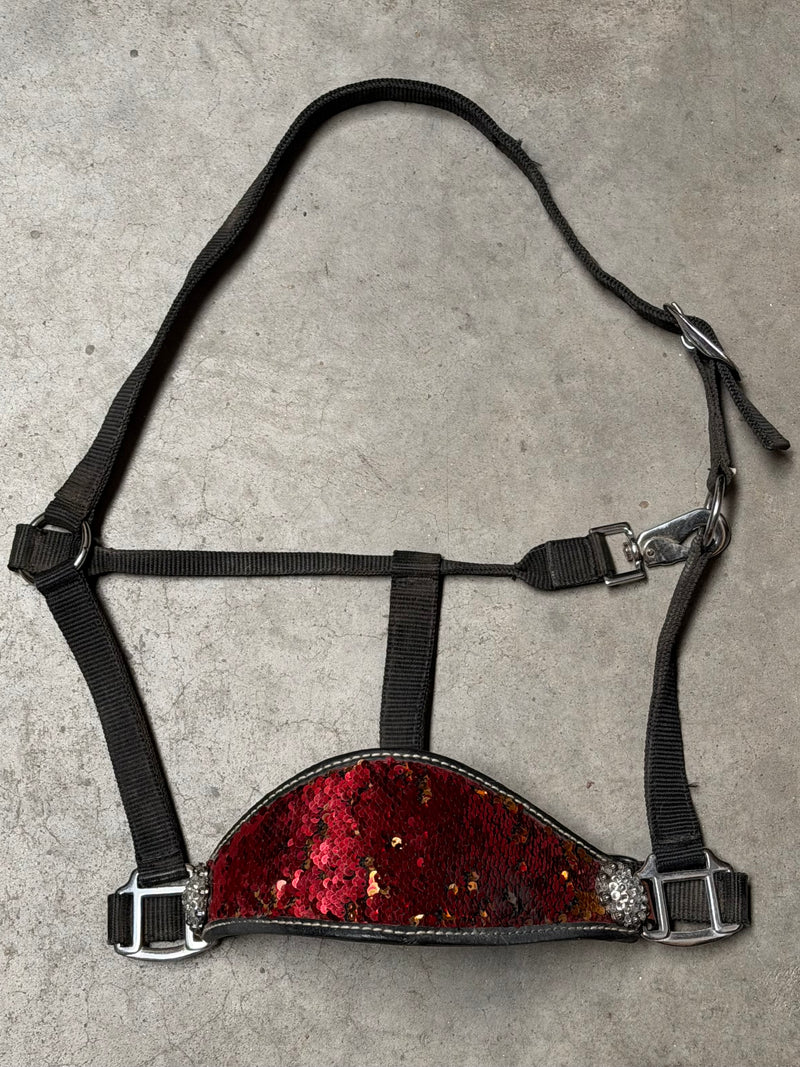 Load image into Gallery viewer, Used Wide Nose Black Nylon Halter - Conchos &amp; Red/Orange Sequins
