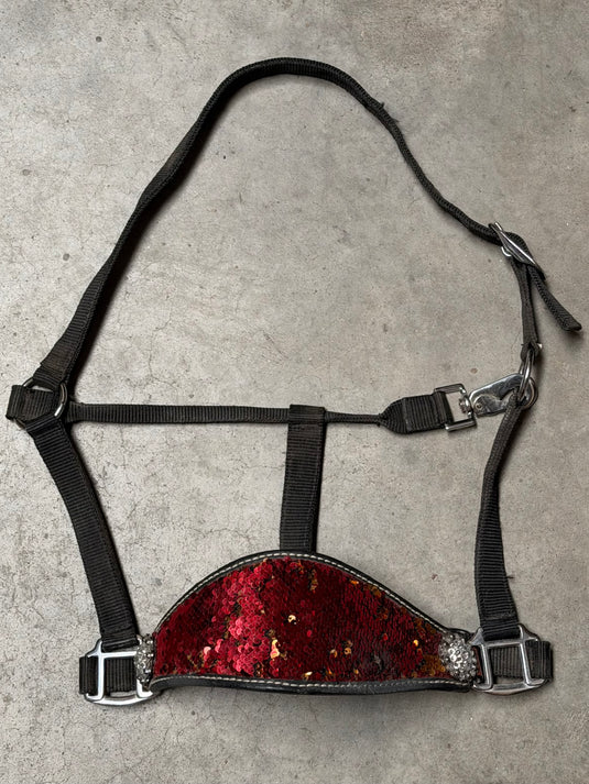 Used Wide Nose Black Nylon Halter - Conchos & Red/Orange Sequins
