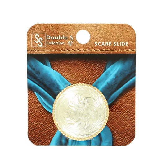 Double S Round Scarf Slide Concho - Silver Scroll Rope Edge