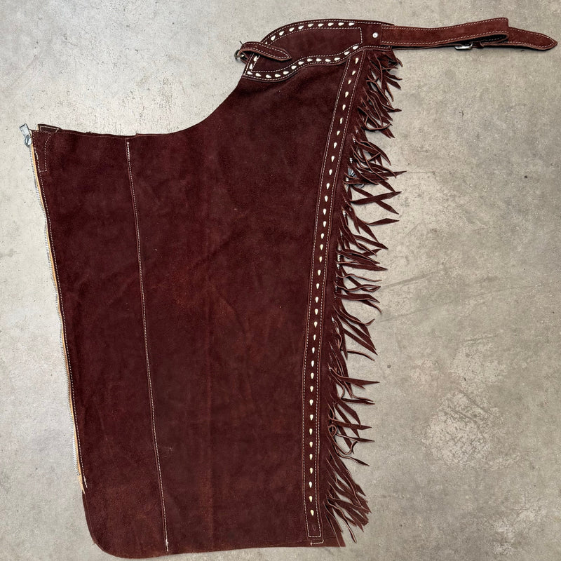 Load image into Gallery viewer, Used Chocolate Leather Show Chaps - Cream Buckstitch Inlay

