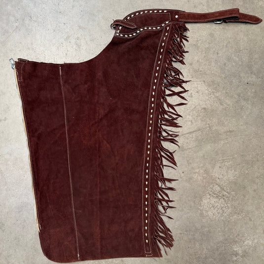 Used Chocolate Leather Show Chaps - Cream Buckstitch Inlay