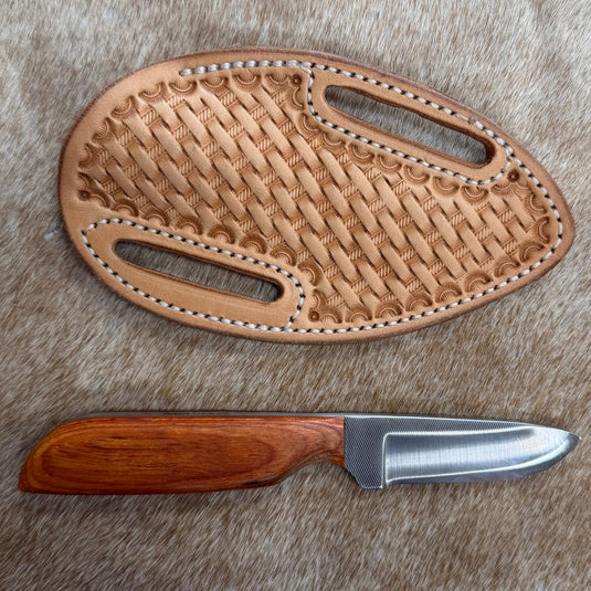 Sacred Heart Orange Wood Handle Knife & Basketweave Sheath - Left Draw