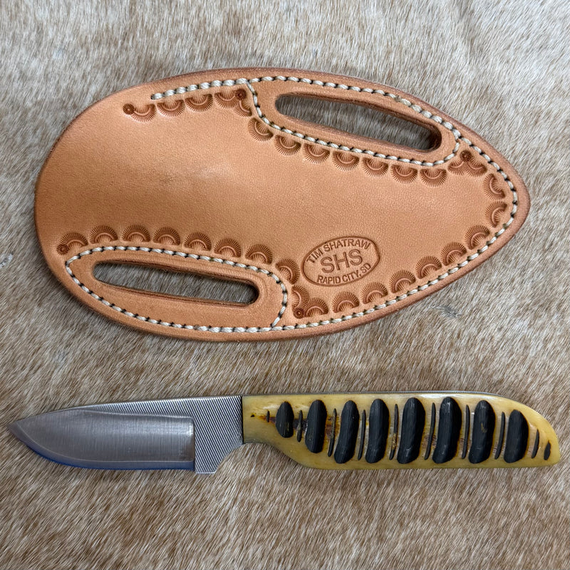 Load image into Gallery viewer, Sacred Heart Bone Handle Knife &amp; Border Sheath - Left Draw
