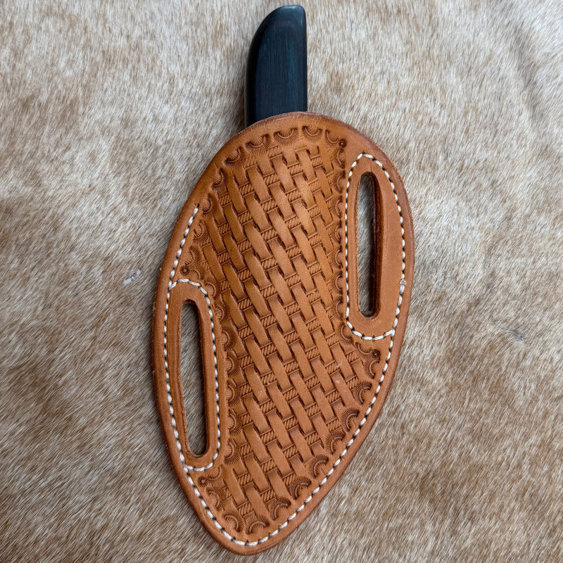 Load image into Gallery viewer, Sacred Heart Teal Wood Handle Knife &amp; Basketweave Sheath - Right Draw
