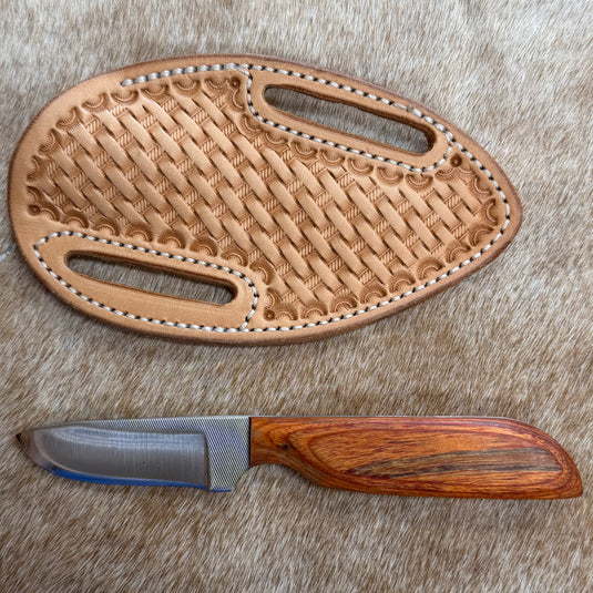 Sacred Heart Orange Wood Handle Knife & Basketweave Sheath - Left Draw