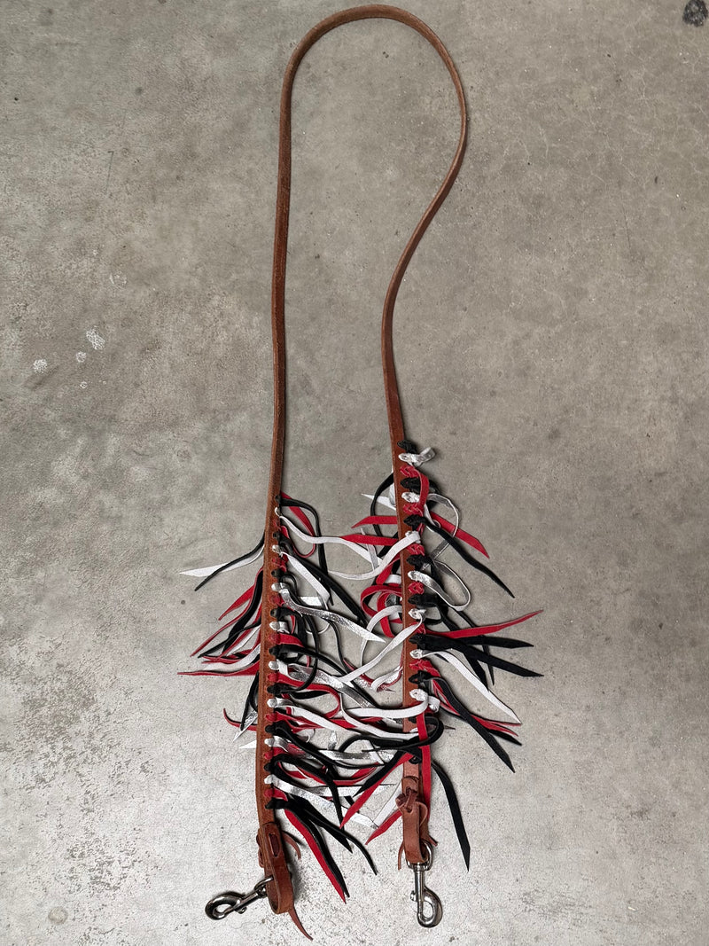Load image into Gallery viewer, Used Barrel Rein with Fringe - Black/Red/Silver
