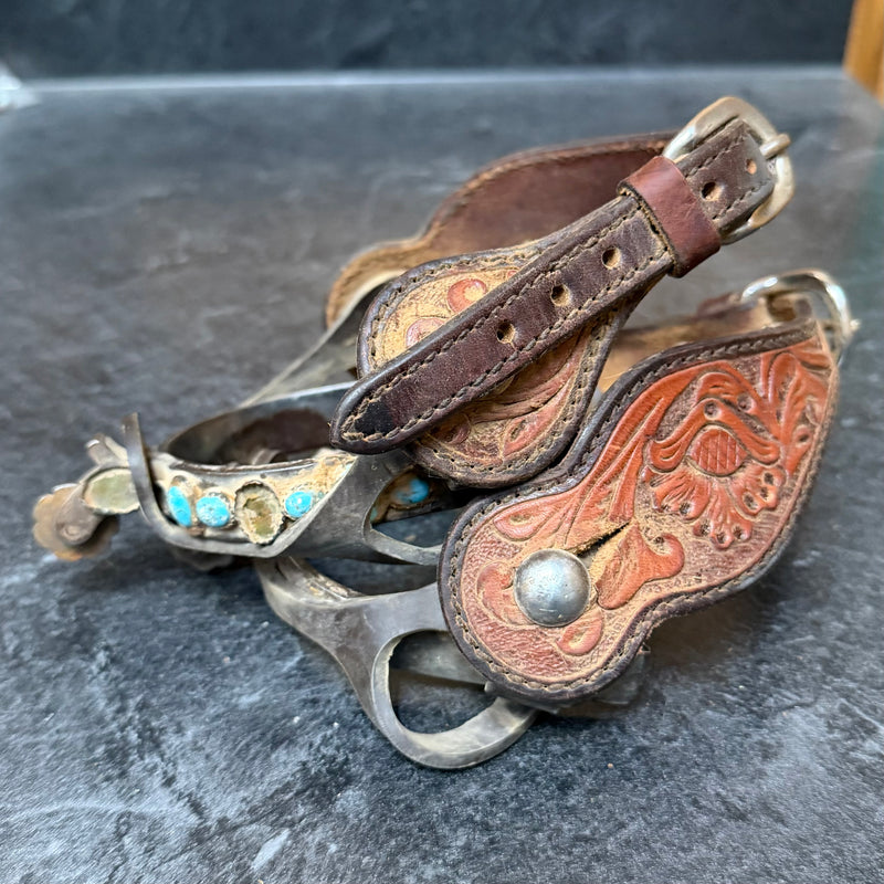 Load image into Gallery viewer, Used Turquoise Stone Spurs &amp; Spur Straps w/ Spur Tiedowns
